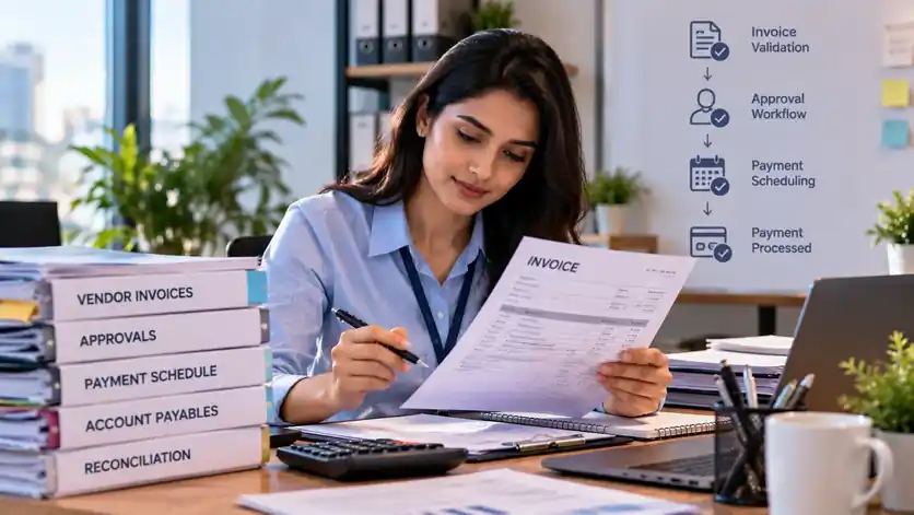 Finance specialist validating vendor invoices for payment
