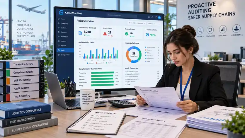 Audit specialist reviewing transaction records against a compliance dashboard