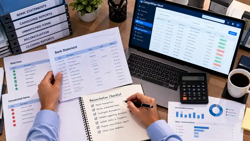 Finance specialist reconciling a bank statement against CargoWise records