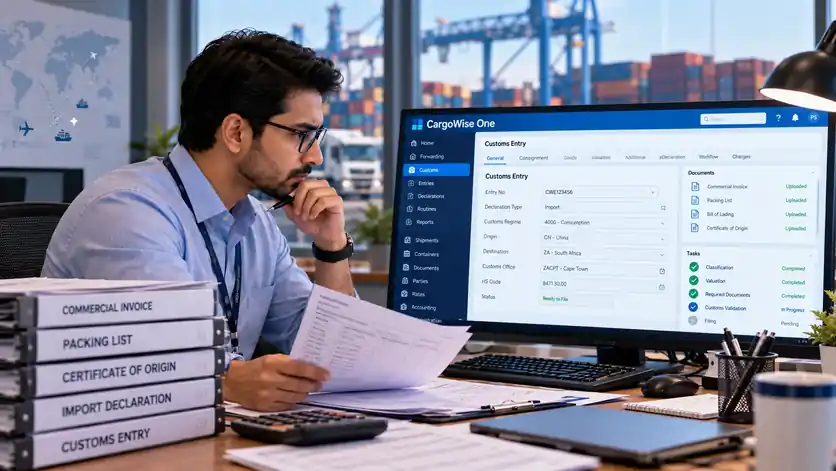 Customs specialist preparing a customs entry in CargoWise
