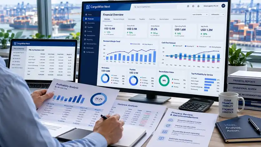 Financial consultant reviewing CargoWise financial dashboards