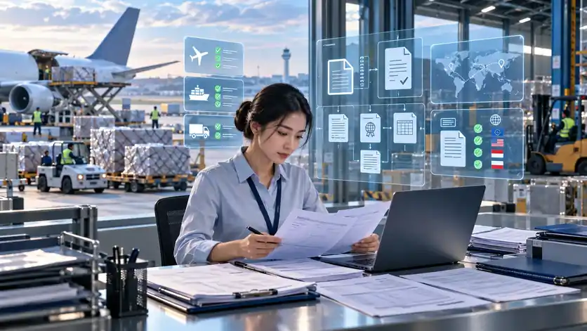 Documentation specialist preparing import and export paperwork