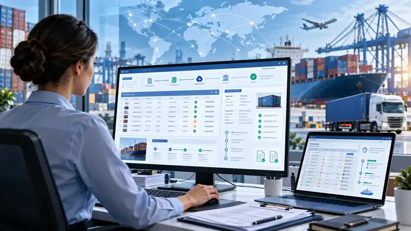 Operations specialist reviewing manifest filing status across CargoWise screens