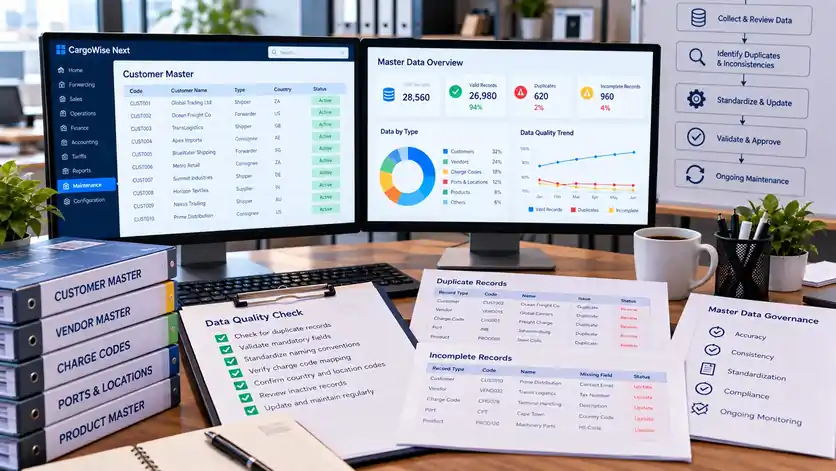 Data specialist maintaining customer, vendor, and charge code master data