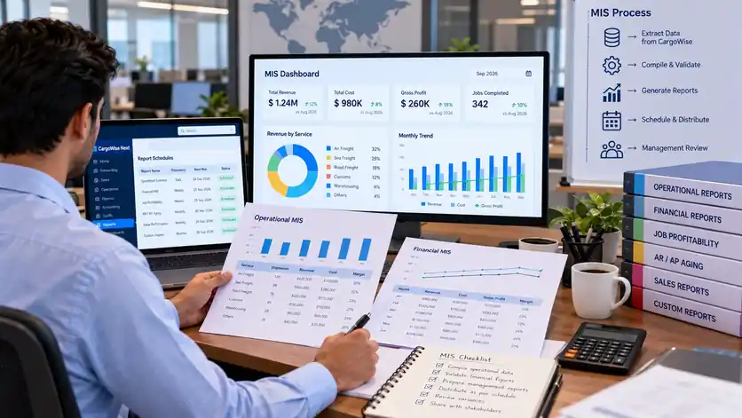 MIS analyst compiling operational and financial reports
