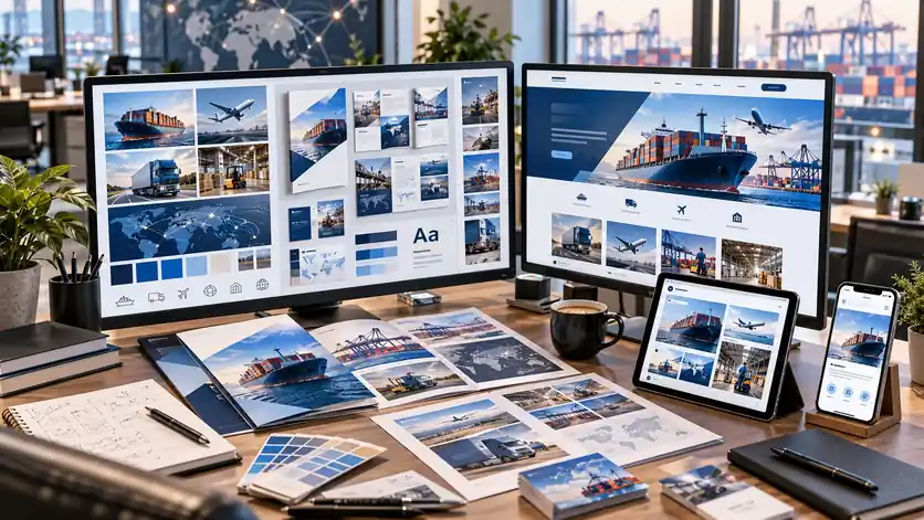 Logistics marketing collateral designed across print and screens