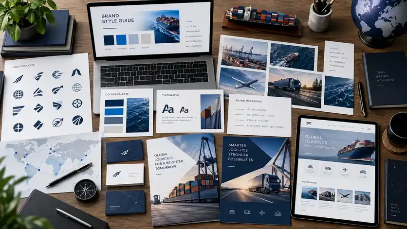 Logistics brand style guide, logo concepts, and branded materials