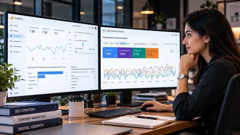 Marketer reviewing Google Analytics and Search Console performance