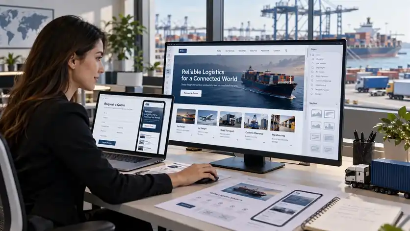 Designer building a logistics company website across devices