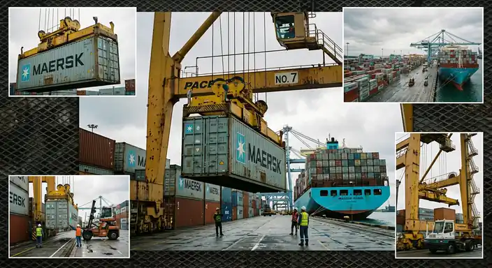 Maersk containers being loaded onto a ship at a port terminal