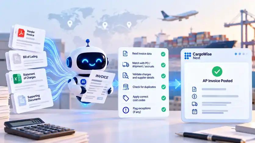 AI assistant matching vendor invoices against accruals and posting them in CargoWise Next