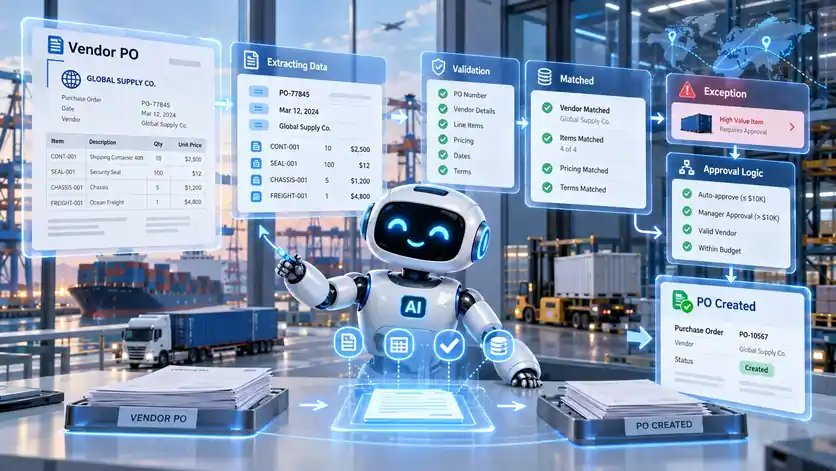 AI assistant extracting and validating a vendor purchase order