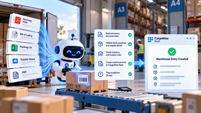 AI assistant validating receiving documents and creating a warehouse entry