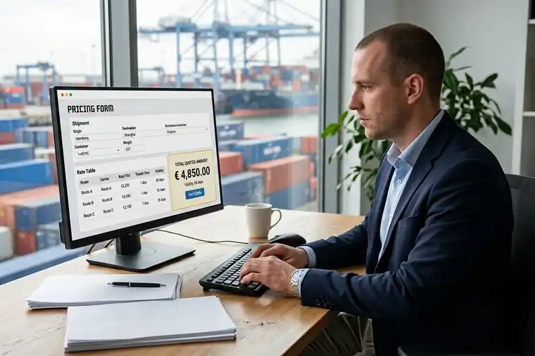 Freight forwarder inspecting shipping containers with a laptop