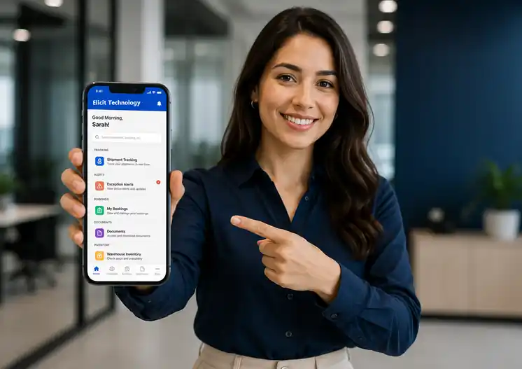 Logistics worker inspecting shipping containers with a laptop