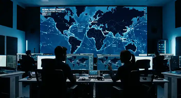 Operations center analysts monitoring a live global vessel tracking map