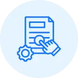 Icon depicting a hand pointing to a document, with a gear symbol at the bottom-right, inside a blue circle, representing process management or review.