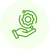 Icon depicting a hand holding a cogwheel, symbolizing maintenance, support, or service management. the design is minimalistic with green outlines on a light beige circle background.