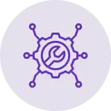 A purple icon representing technical or repair services, featuring a gear and wrench integrated with a stylized atom symbol, set against a light purple background.