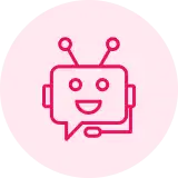 A stylized graphic of a cheerful, cartoonish robot face with a square head, round eyes, and antenna, depicted in pink against a lighter pink background.